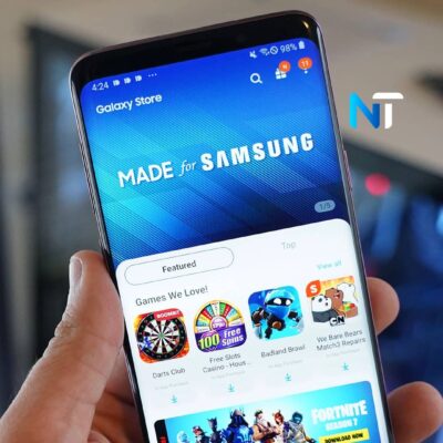 Un celular muestra la interfaz de la "App Galaxy Store" con promociones y juegos destacados.