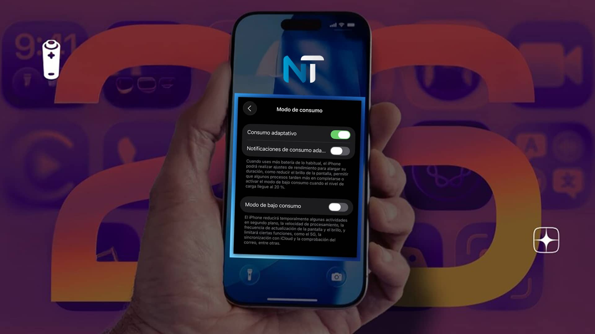 Mano sosteniendo un iPhone y mostrando cómo usar el Modo Adaptive Power en los ajustes para optimizar el consumo de batería.