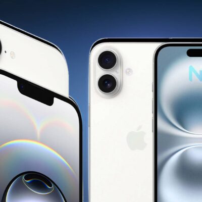 Comparativa visual de dos modelos de iPhone conceptuales en color blanco, mostrando diferencias en el diseño de la cámara y la pantalla.