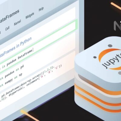 Ilustración de la interfaz de Jupyter Notebook con código Python para DataFrames, explicando qué es y cómo funciona.