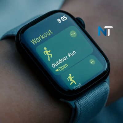 Primer plano del Apple Watch utilizado en la campaña de 2026, mostrando la app de entrenamiento.