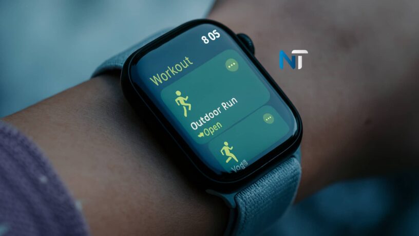 Primer plano del Apple Watch utilizado en la campaña de 2026, mostrando la app de entrenamiento.